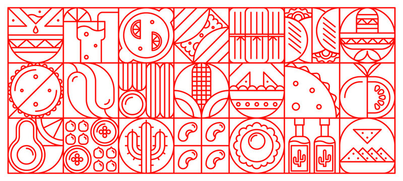 Mexican cuisine geometric pattern with abstract tacos, corn, and spicy elements with bold geometric forms. Vector cover for restaurant menus, food backgrounds, and traditional Mexican graphics