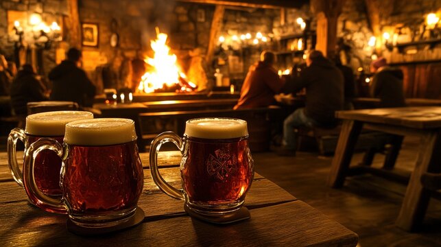 flagons. Medieval-style tavern interior with firelight glowing on terracotta flagons of ale. bar promotions, beverage menus, designed for food & beverage menus and cafe branding.