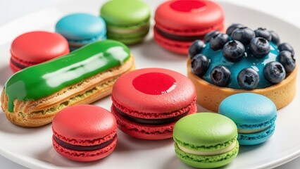 An Assortment of Vibrant French Pastries Including Macarons, Eclairs, and Tarts