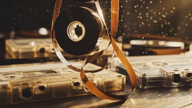 A close-up view of a cassette tape with magnetic tape unwinding, surrounded by other cassettes on a wooden table, with golden particles floating around.