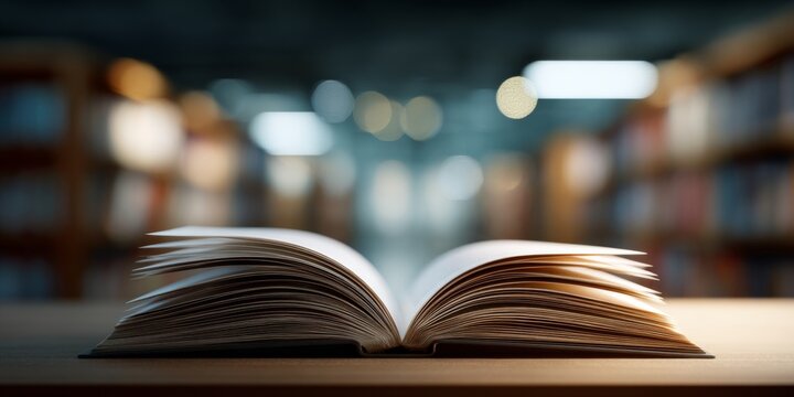 Open Book on Table with Blurred Library Background and Soft Lighting for Promoting Reading, Education, Knowledge, and Study Atmosphere