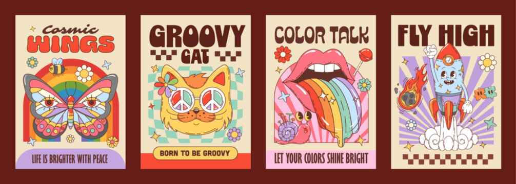 Groovy characters retro psychedelic vector posters. Butterfly wings, funky cat in peace glasses, rainbow tongue lips, and cheerful rocket 70s groovy characters. vertical cards with vintage personages