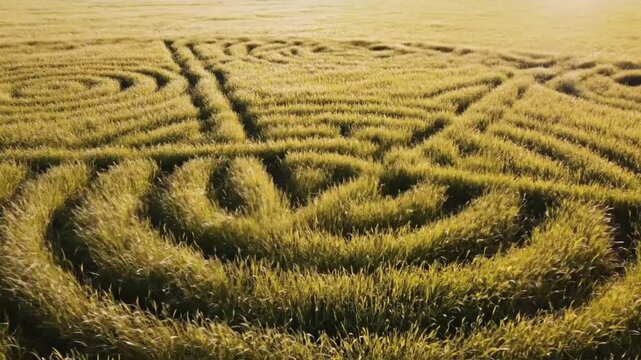 Aerial view of a complex maze intricately designed in a lush green grass field