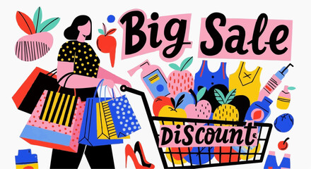 happy woman with shopping bags Shopping Sale Vector Illustration Woman Carrying Bags Modern Hand Drawn Big Discount Retail Poster