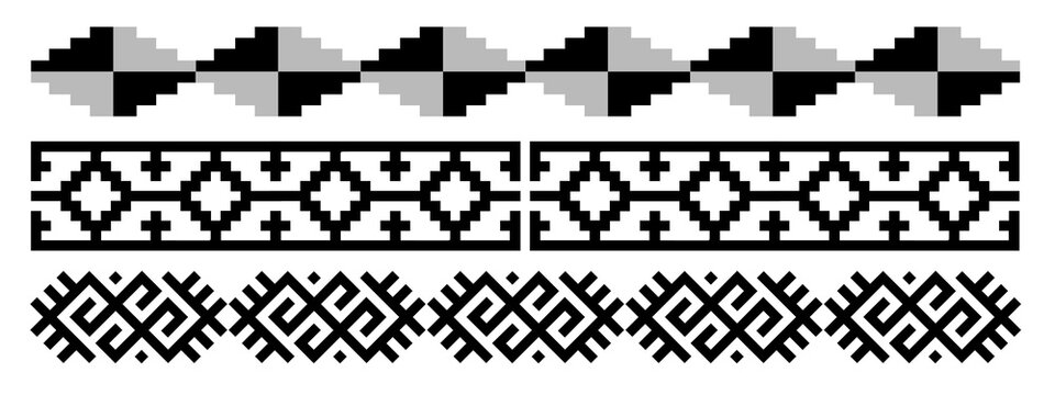 Monochromatic Geometric Pixel Art Borders and Decorative Elements