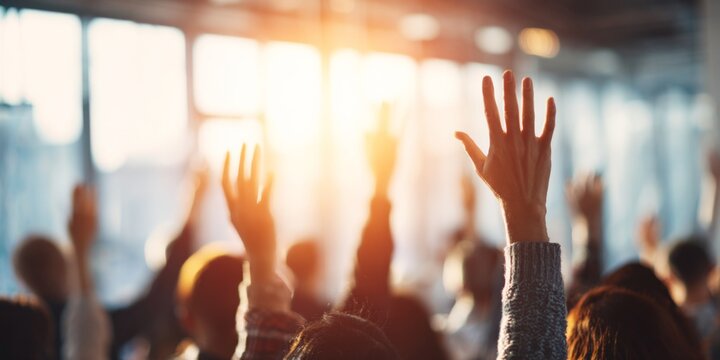 Engaged audience in seminar raising hands to ask questions during interactive presentation in modern conference room with natural light streaming in
