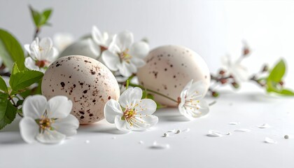 Fototapeta premium Speckled Easter eggs with delicate white spring blossoms on a clean white background, celebrating new life and the holiday season.