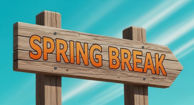 Wooden sign announcing spring break against a bright blue sky with wispy clouds, signaling vacation time and sunny adventures.