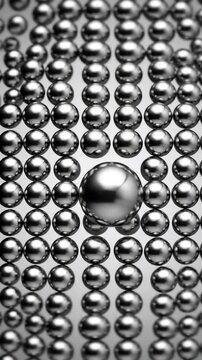 Close Up Macro Shot of Spherical Metallic Balls Arranged in a Grid Pattern With One Center Sphere Outlining Its Unique Size and Shine