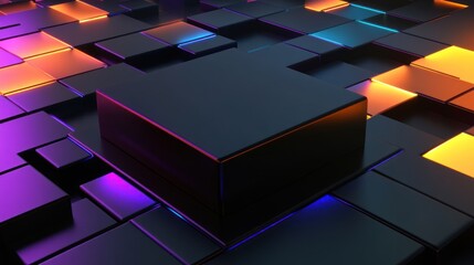 Futuristic metallic cubes with neon lights and abstract background