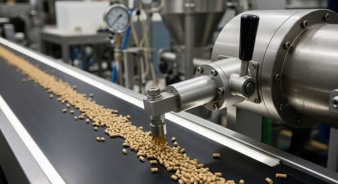 Industrial food pellet production line with conveyor belt in a factory setting showcasing efficient manufacturing processes