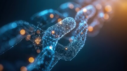 Interconnected digital chains with glowing nodes and complex network structures