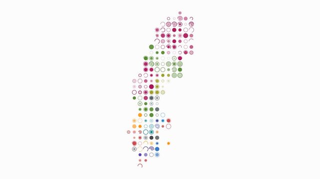 Sweden animation. Shape of the country with pulsating colored dots. Large size circle blocks. Digital style map on white background. Modern video.