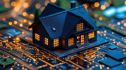 Miniature house model illuminated on a circuit board, blurred lights