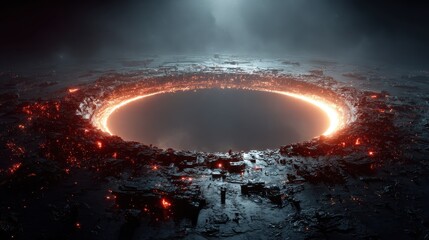 Epic crater ablaze with fiery edges, under a stormy, dim sky