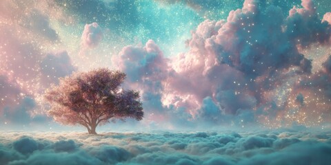 Fototapeta premium Majestic Tree Silhouetted Against Ethereal Clouds and Cosmic Sky in Pastel Colors of Blue, Pink, and Purple in a Dreamlike Atmosphere