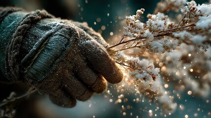 Close up of a gloved hand holding frosted, wintery sprigs