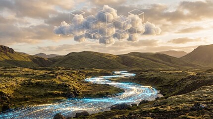 Futuristic nature landscapes with flowing data energy