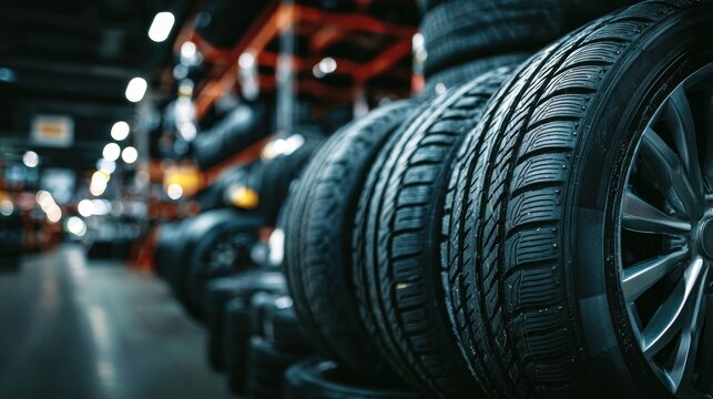 A tire shop with a variety of tires on display.