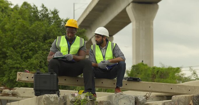 Railway engineer and technician conduct quality control material inspection on concrete pier segments and construction waste. Checking structural condition for safe site housekeeping and asset reuse.
