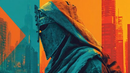 Fototapeta premium Medieval Knight in Futuristic Cityscape - Surreal Contrast in Vibrant Colors