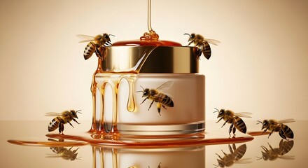 Golden Honey Drips on Skincare Jar with Bees