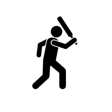 Stick Figure Cricket Batsman with Bat Raised Overhead in Batting Stance Black Vector Art