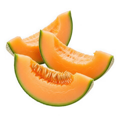 Sliced cantaloupe pieces with green rind on transparent background