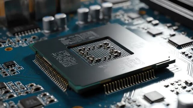 Closeup CPU Chip on Circuit Board Technology Innovation, Microchips, Electronics, Hardware, Computing, Engineering, Science, Motherboard, Details