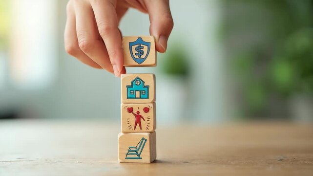 Close-up of a hand stacking wooden blocks with insurance, home, health, and retirement icons. Concept of financial planning, life insurance, and retirement savings.