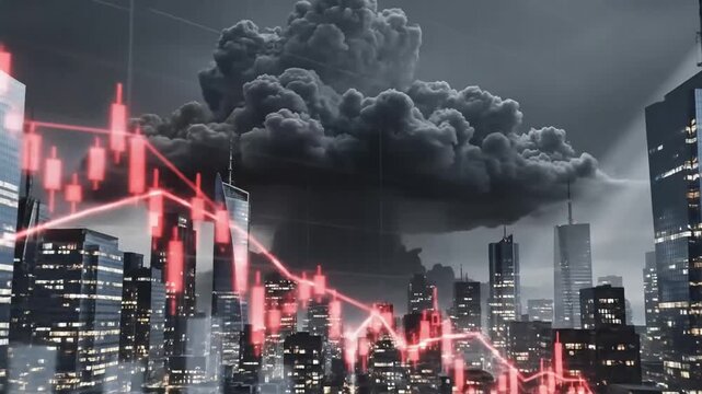 Dramatic cityscape overlaid with a falling stock market chart and ominous storm clouds symbolizing economic downturn financial crisis and global uncertainty