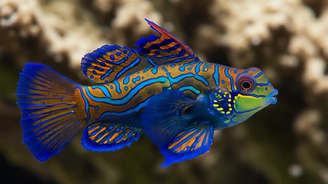Vibrant Mandarinfish Swimming in Aquarium with Blue and Orange Markings Detailed Portrait Against Coral Backdrop Marine Animal Underwater