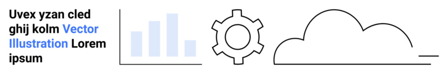 Minimalist design with bar chart, gear, and cloud outline symbolizing data analytics, process management, and cloud computing. Ideal for business, analytics, IT, technology innovation productivity