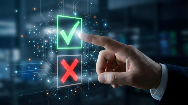 Business person hand touching green check mark icon on virtual screen,selecting correct choice,concept of decision making,voting,survey,right option,approval,compliance,agreement,success