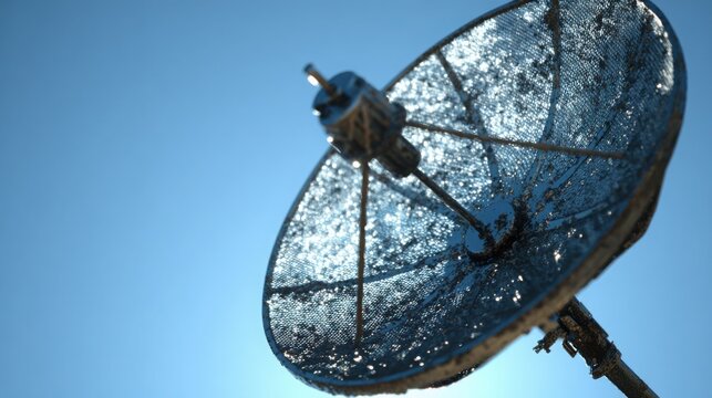 Weathered satellite dish with reflective texture against a clear blue sky