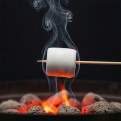 Teen roasting marshmallow over a glowing campfire with rising smoke against a dark background