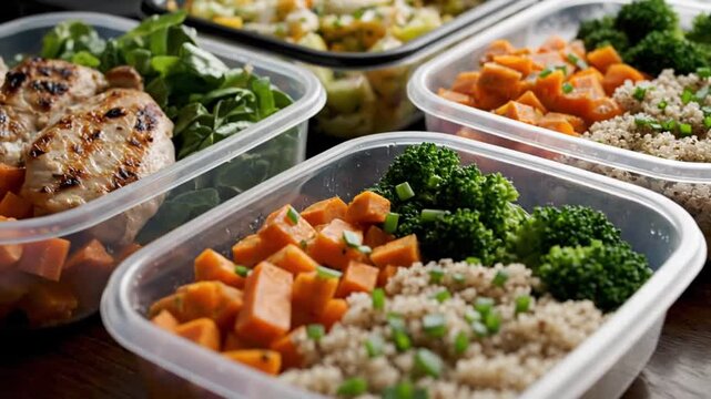 Healthy meal prep containers with assorted vegetables and grains on a table