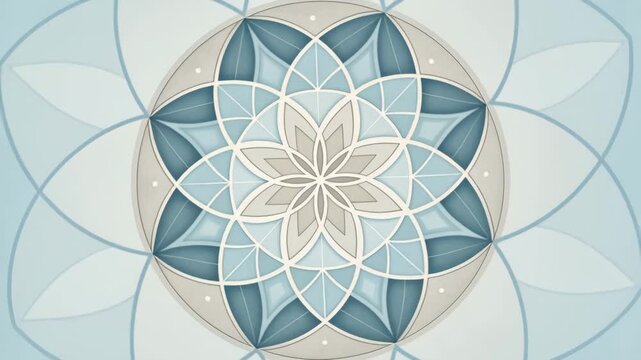 Calm geometric mandala layered petals blue decorative circular abstract floral mandala combining reflective kaleidoscope soft gradients serene