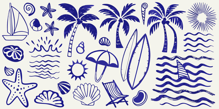 Blue and white hand drawn summer themed doodles with nautical elements