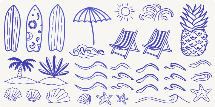 Summer doodles featuring surfboards beach chair and tropical elements