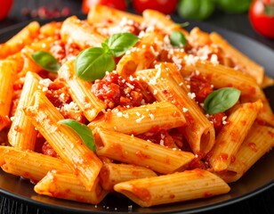 Penne Pasta with Tomato Sauce and Basil.