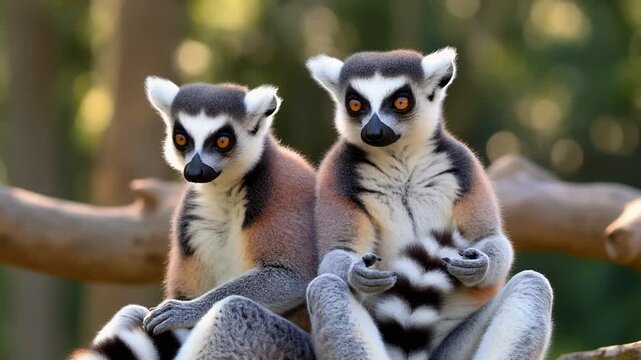 Alert Ring-Tailed Lemurs Perch on Branch, Shifting Gaze in Sunny Wildlife Habitat.