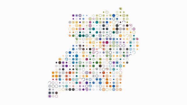 Uganda animated country shape. Pulsating colored dots on the map of the country. Large size circle blocks. Digital style Uganda map on white background. Vibrant animation video.