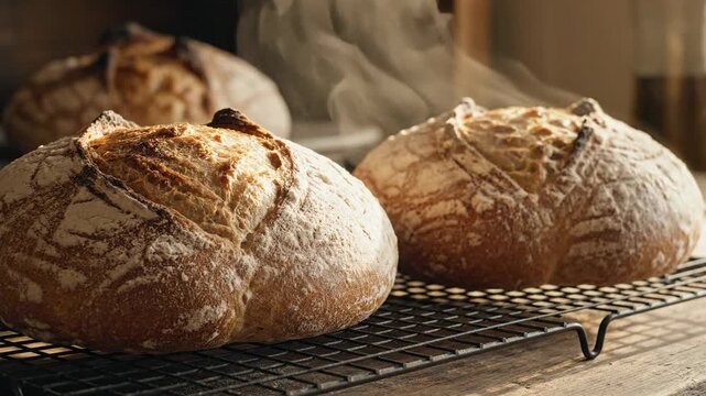 Freshly Baked Sourdough Boules with Blistered Crusts Cooling on a Rack