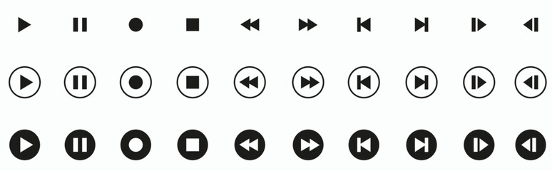 Media player control icons in black, white, and red for play, pause, stop, and navigation.
