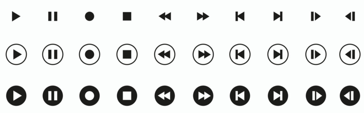 Media player control icons in black, white, and red for play, pause, stop, and navigation.