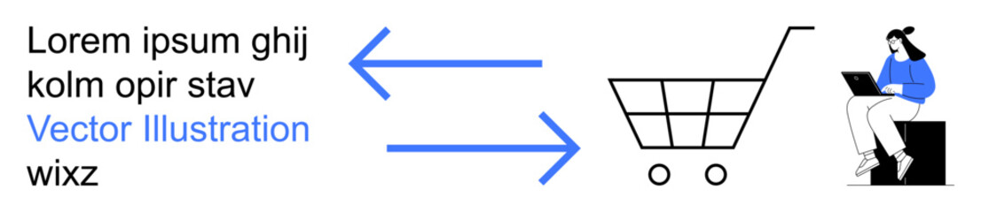 Obraz premium E-commerce, online shopping, digital marketing, consumer behavior, retail industry, product browsing. A cart icon connected with arrows to a person using a laptop. E-commerce and online shopping