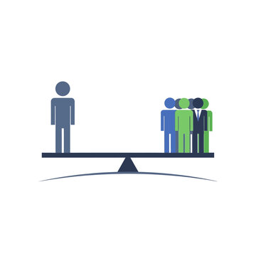 One person versus a group on a balance scale representing inequality.