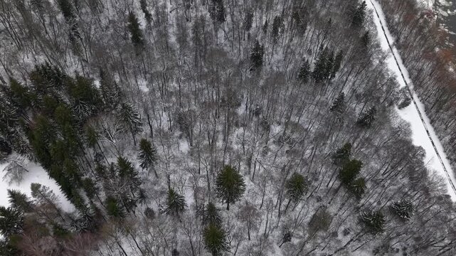 Stunning aerial footage captures a picturesque winter river landscape, with ice patches floating on the dark water and snow-covered banks lining the tranquil scene.