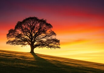 Obraz premium A majestic solitary oak tree stands alone on a gentle grassy hill at sunset, symbolizing endurance, strength, and natural resilience, environment, resilience, endurance